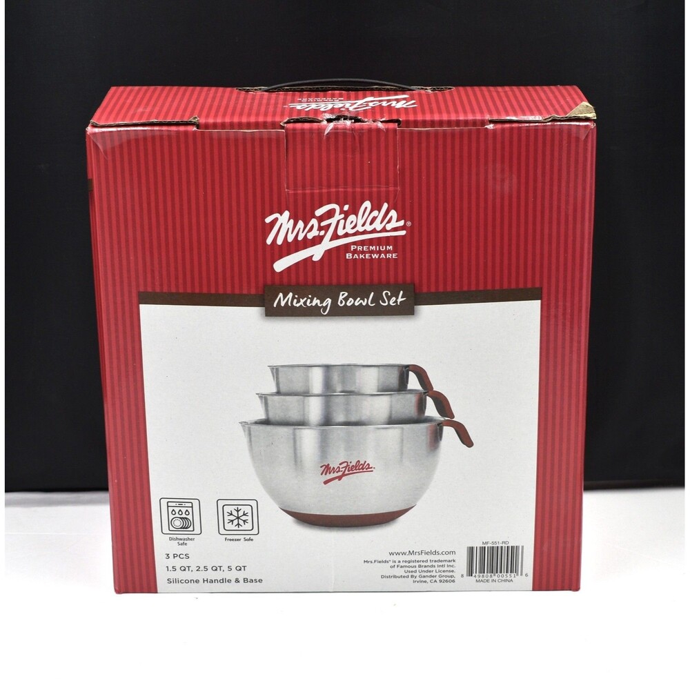 MRS. FIELDS Mixing Bowl Set New -1.5 Qt, 2.5 Qt, 5 Qt  Silicone Handles and Base